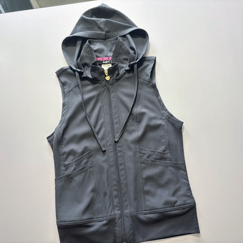 heartsoul Scrub Vest Removable Hood Gray Pockets Full Zip Stretch HS500 Women XS